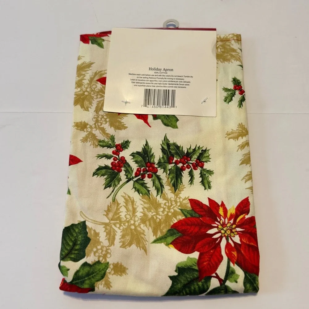 Holiday Apron Christmas Poinsettia Holly Berry 100% Cotton 26x32 Cream Red Green